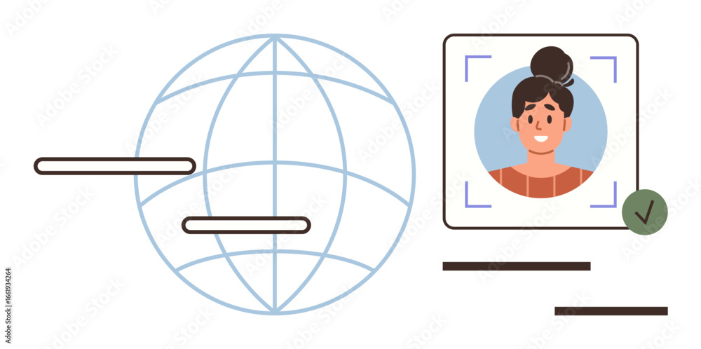 Poster globe symbolizing global network next to profile picture under verification scan. ideal for identifi