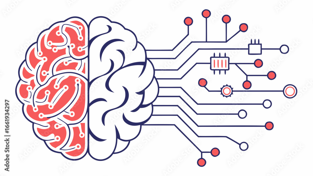 Poster illustration showing a brain connected to a circuit board representing artificial intelligence