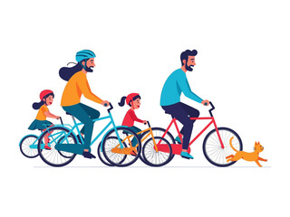 Fototapeta premium Family Cycling Adventure: An illustrative scene captures a family's joyous bike ride with a running cat, creating a vibrant tableau of familial love, outdoor adventure, and active leisure.