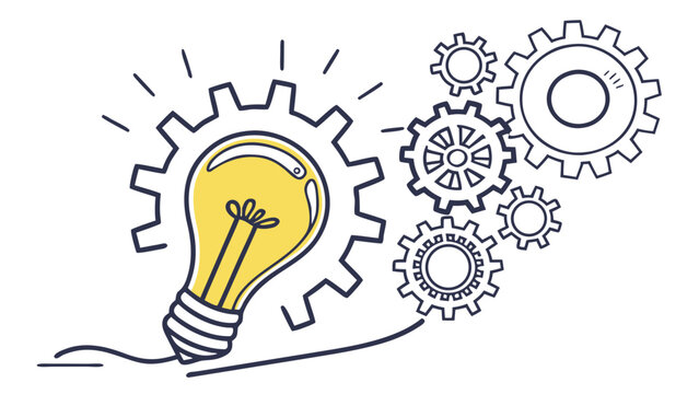 Lightbulb and gears illustration depicting innovation and mechanical processes for business solutions