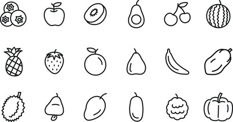 hand drawn fruit icon set - Adjustable Line Weight - mango, kiwi, blueberry, apple, avocado, watermelon, strawberry, durian, pumpkin, banana