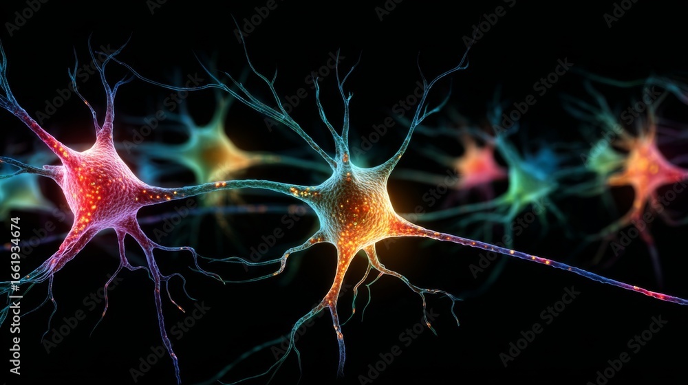 Poster colorful conceptual visualization of neural network with abstract neurons and connections on a dark 
