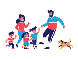 Happy Family Playing Soccer: A cheerful family—father, mother, and three children—enjoys a game of soccer in their backyard, with a playful dog watching nearby.