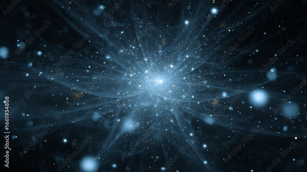Poster abstract visualization of quantum field concepts with glowing particles in dark space