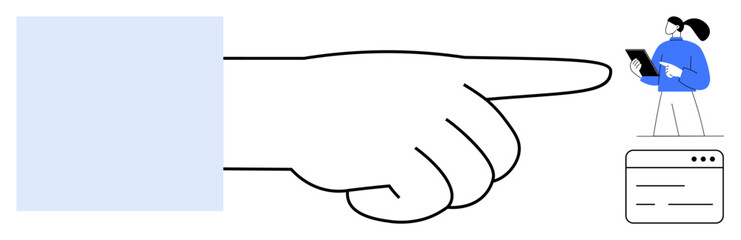 Oversized hand pointing at person holding a tablet near web interface. Ideal for guidance, direction, leadership, authority, communication, analysis, simple landing page
