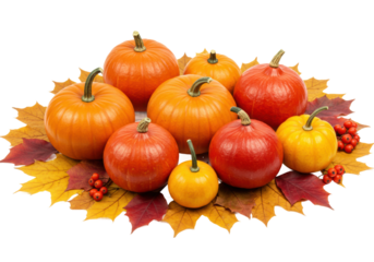 Harvest celebration with colorful pumpkins on autumn leaves nature scene still life bright environment isolated PNG