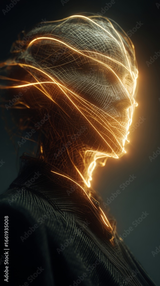 Poster Surreal Conceptual VR Portrait of a Human Figure with Emanating Light Patterns and Intertwining Elements