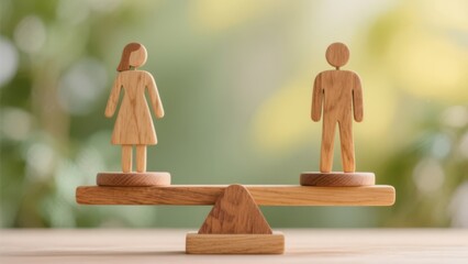 Wooden male and female figures balanced on seesaw symbolizing gender equality and social justice.