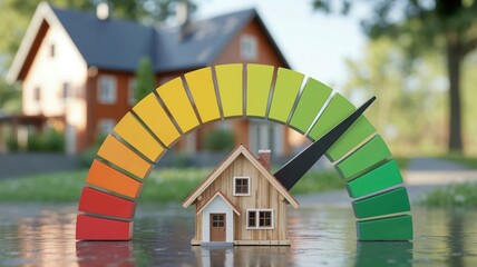 Energy efficiency concept with wooden house model and colorful consumption level meter in front of real home.