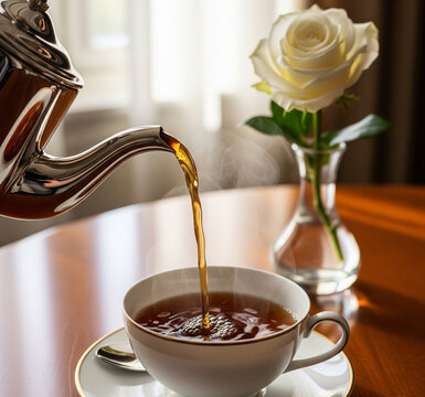 Pouring Fresh Hot Tea into a White Cup with Steam