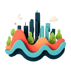 Colorful Cartoon Cityscape with Wavy Landscape and Night Sky Elements