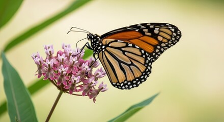 Fototapeta premium Monarch Butterfly Feeding on Pink Milkweed Flower in a Natural Setting