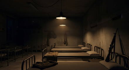 Dimly lit barrack room with empty cots, suggesting abandonment or wartime setting.