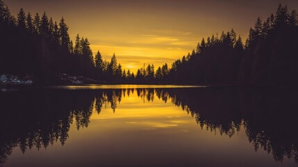 Obraz premium A serene sunset over a tranquil lake,