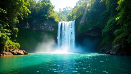 A tall waterfall in a lush green forest, with clear blue water below and sunlight filtering through the trees.