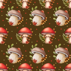 Seamless pattern of mushrooms and autumn leaves in watercolor style. Ideal for textiles, wrapping paper, stationery, invitations, and seasonal design projects.