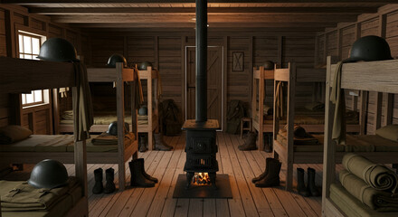 Rustic wooden barracks interior with bunk beds, military helmets, boots, and a wood-burning stove.