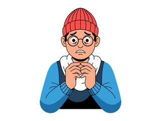 Expression of anxiety: A person with glasses, a red beanie, and a scarf stares with a worried expression, expressing a state of anxiety