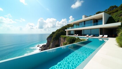 Fototapeta premium Modern cliffside villa with an infinity pool, large glass windows, and panoramic ocean views.