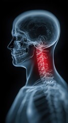 Medical X-ray side view of human neck and skull highlighting cervical spine pain with red inflammation area.