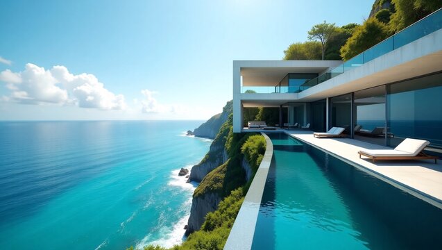 Modern cliffside villa with an infinity pool, glass walls, and panoramic ocean views. - Powered by Adobe