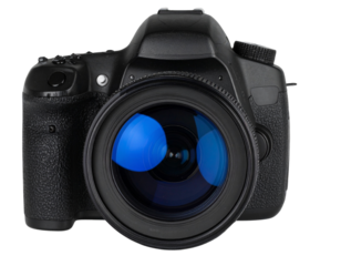DSLR Camera Top Angle with Blue Lens Reflection, isolated on a transparent background
