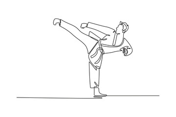 Single one line drawing professional male karate athlete performing high kick. Symbolizing martial arts, power, skill, strong, balance. Modern continuous line draw design graphic vector illustration