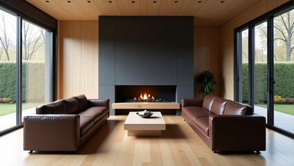 Modern living room with brown leather sofas, a linear fireplace, wooden walls and ceiling, large sliding windows showing a garden view, and a wooden coffee table.