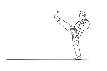 Single one line drawing side view of male karate athlete performing front high kick. Symbolizing martial arts, power, skill, and balance. Modern continuous line draw design graphic vector illustration