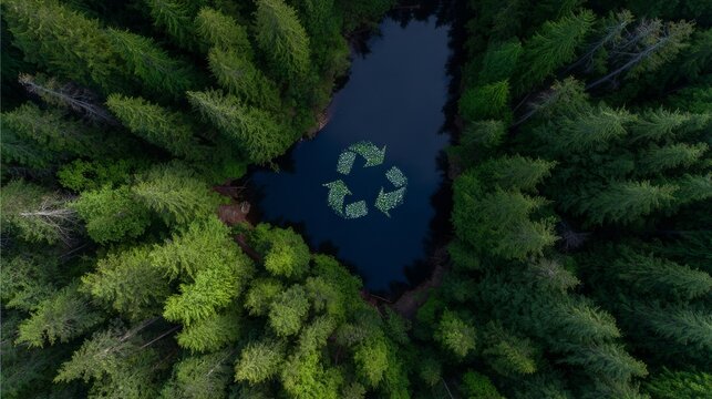 Aerial view of a dense coniferous forest around a dark pond with floating white unborn children messages forming a trian