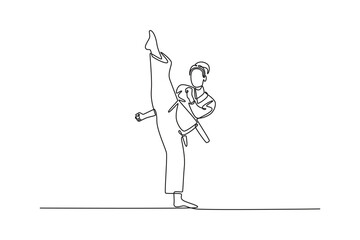 Continuous one line drawing active female karate athlete performing impressive vertical kick. Symbolizing power, flexibility, and elegant balance. Single line draw design vector graphic illustration