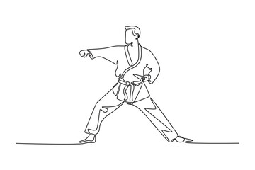 Continuous one line drawing male karate athlete in horse stance performing punch. Symbolizing power, discipline, self-defense aspect of martial art. Single line draw design vector graphic illustration