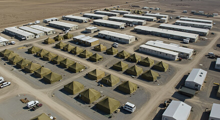 Aerial view of a desert work camp featuring numerous temporary structures, including modular buildings and pyramid-shaped tents.