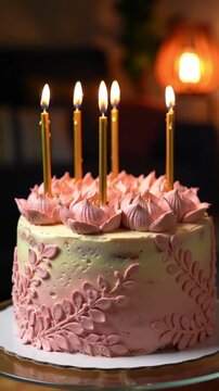 Elegant Pink Birthday Cake with Golden Lit Candles and Intricate Floral Frosting A Delightful Dessert for Festive Celebrations and Special Occasions