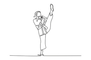 Continuous one line drawing active female karate athlete performing impressive vertical kick. Symbolizing power, flexibility, and elegant balance. Single line draw design vector graphic illustration