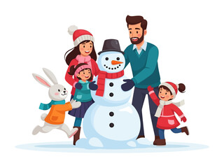 Family Building Snowman: A cheerful family, including their animated companion, comes together to build a snowman, capturing the joy and togetherness of a winter day.