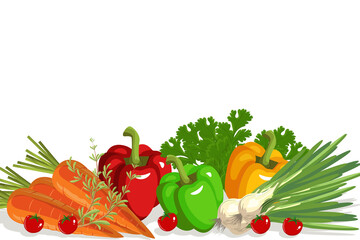 A vibrant illustration of fresh vegetables including carrots, peppers, cherry tomatoes, green onions, and herbs on a white background.