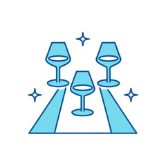 Three blue wine glasses on a spotlight stage with stars