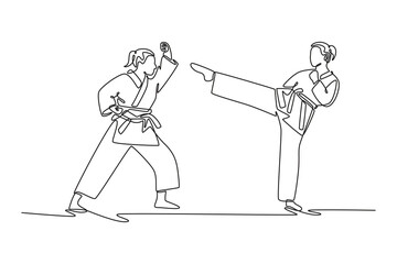 Single continuous line drawing two female athletes are engaged in karate duel. Symbolize strategic contrast between powerful kick and defensive stance. One line draw graphic design vector illustration