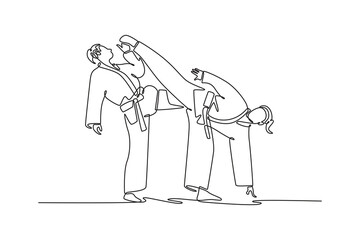 Single continuous line drawing female fighter delivering a decisive kick to her opponent. Symbolizing power, skill, and the outcome of a match. Dynamic one line draw graphic design vector illustration