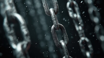 濡れて水滴がついた金属製の太い鎖のクローズアップ | Close-up of a heavy metal chain with water droplets against a dark background