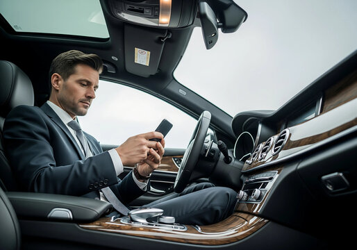 Caucasian Businessman Using Smartphone Inside Luxury Car – Modern Automobile Ownership and Technology"