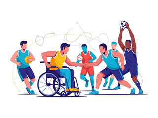 Obraz premium Teamwork on the Court: A vibrant illustration captures the essence of inclusive sportsmanship, with athletes of diverse abilities collaborating in a spirited game, emphasizing unity, respect.