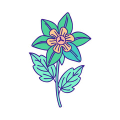Stylized flower with green leaves and peach center on black background