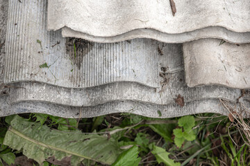 Asbestos removal. Old and very dangerous asbestos roof. Asbestos dust in the environment.