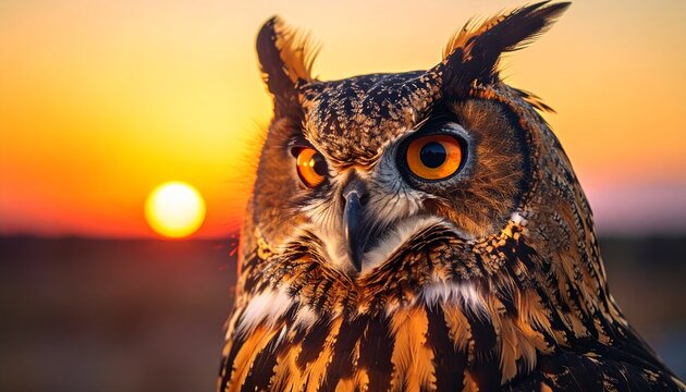 Close-up of owl at sunset.  Golden light, focused on owl's face,  eyes, and feathers.  Blurred background of setting sun - Powered by Adobe