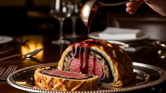 Chef pouring rich sauce over a classic Beef Wellington in a fine dining restaurant