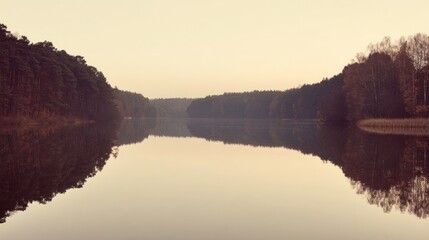 A serene body of water reflects dense forests under warm sunrise or sunset light,