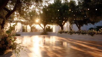 Obraz premium A beautiful outdoor venue bathed in golden light. Perfect for weddings and events. The atmosphere is serene and romantic, surrounded by nature. A dreamy setting awaits. AI