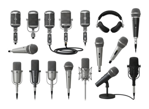 Dynamic microphone showcase in studio setting diverse collection professional audio equipment high-quality environment isolated PNG
